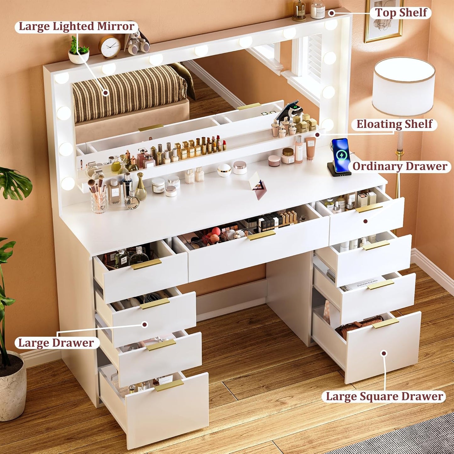 Vanity Desk with Large Mirror and Lights, 45.3In Makeup Vanity with Power Outlet 9 Drawers & Storage, 3 Lighting Color Adjustable, White Vanity Desk for Bedroom