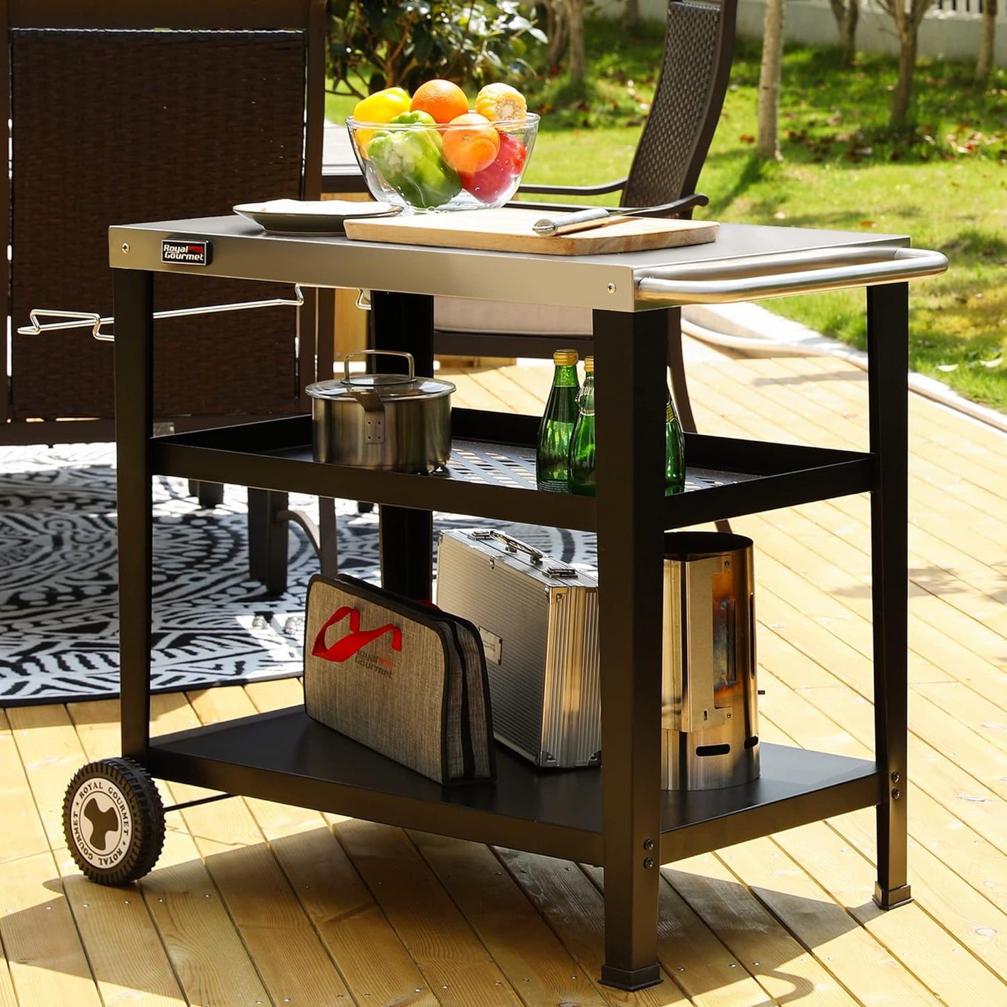 PC3404S Rolling Dining Table with Trash Bag Holder, Outdoor Garden Patio BBQ Kitchen Food Prep Table Cart, 34"L X 20"W Stainless Steel Tabletop, Silver & Black