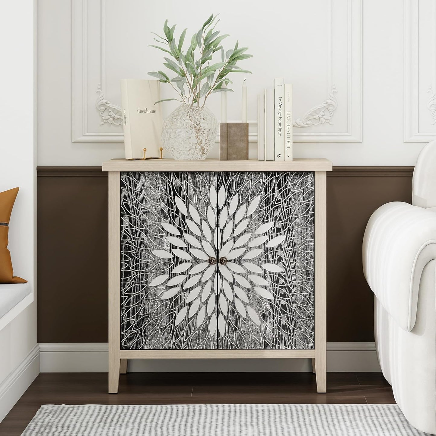 Black Accent Furniture, 32 Inch Wide 2-Door Carved Geometric Sideboard Buffet Server with Adjustable Shelves, Modern Boho Style Fluted Storage Console Table for Dining Room, Kitchen, Living Room