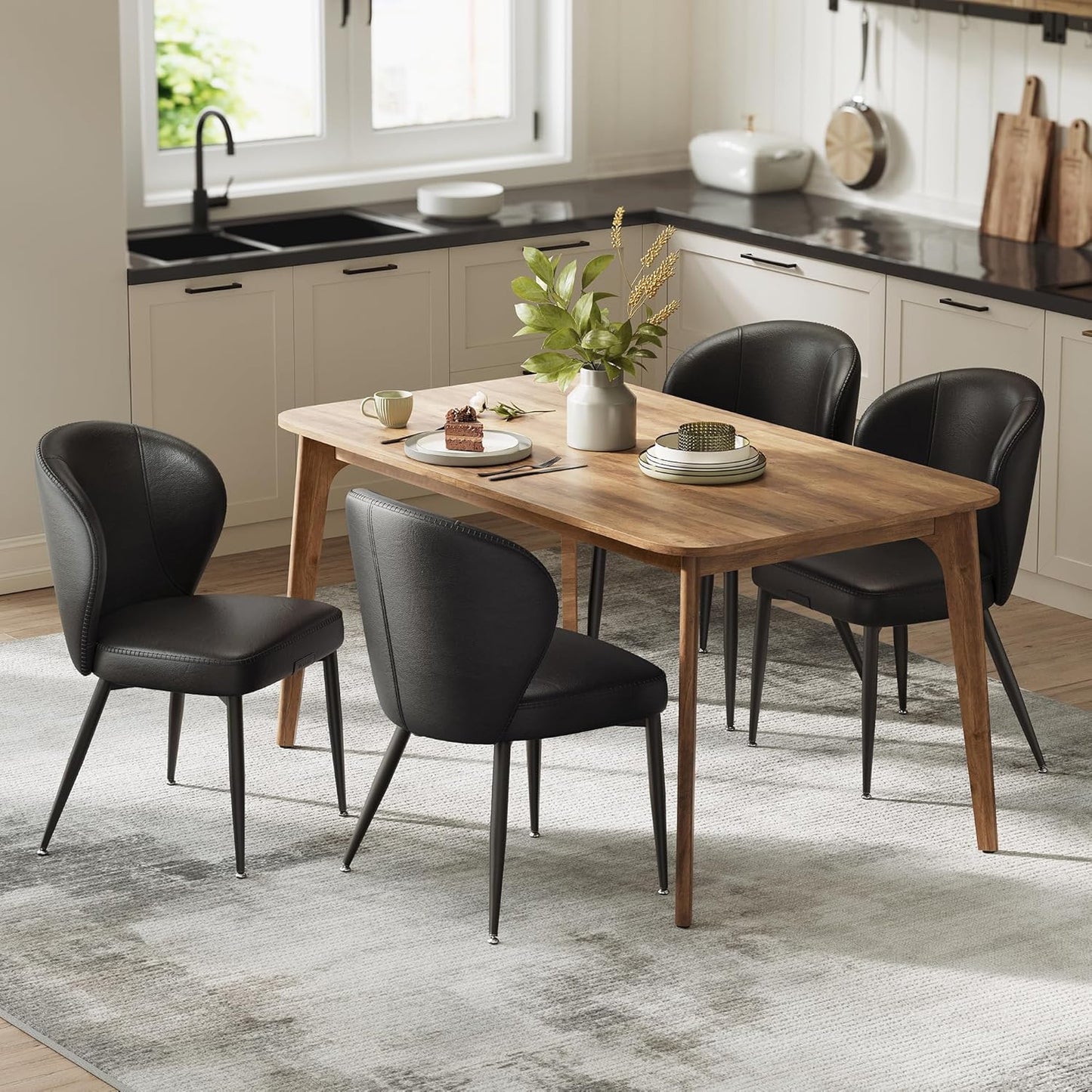 EKHO Collection - Dining Chairs Set of 4, Upholstered Kitchen Chairs, Comfortable Seat, Synthetic Leather with Stitching, Mid-Century Modern, Easy Assembly, Living Room Lounge, Ink Black