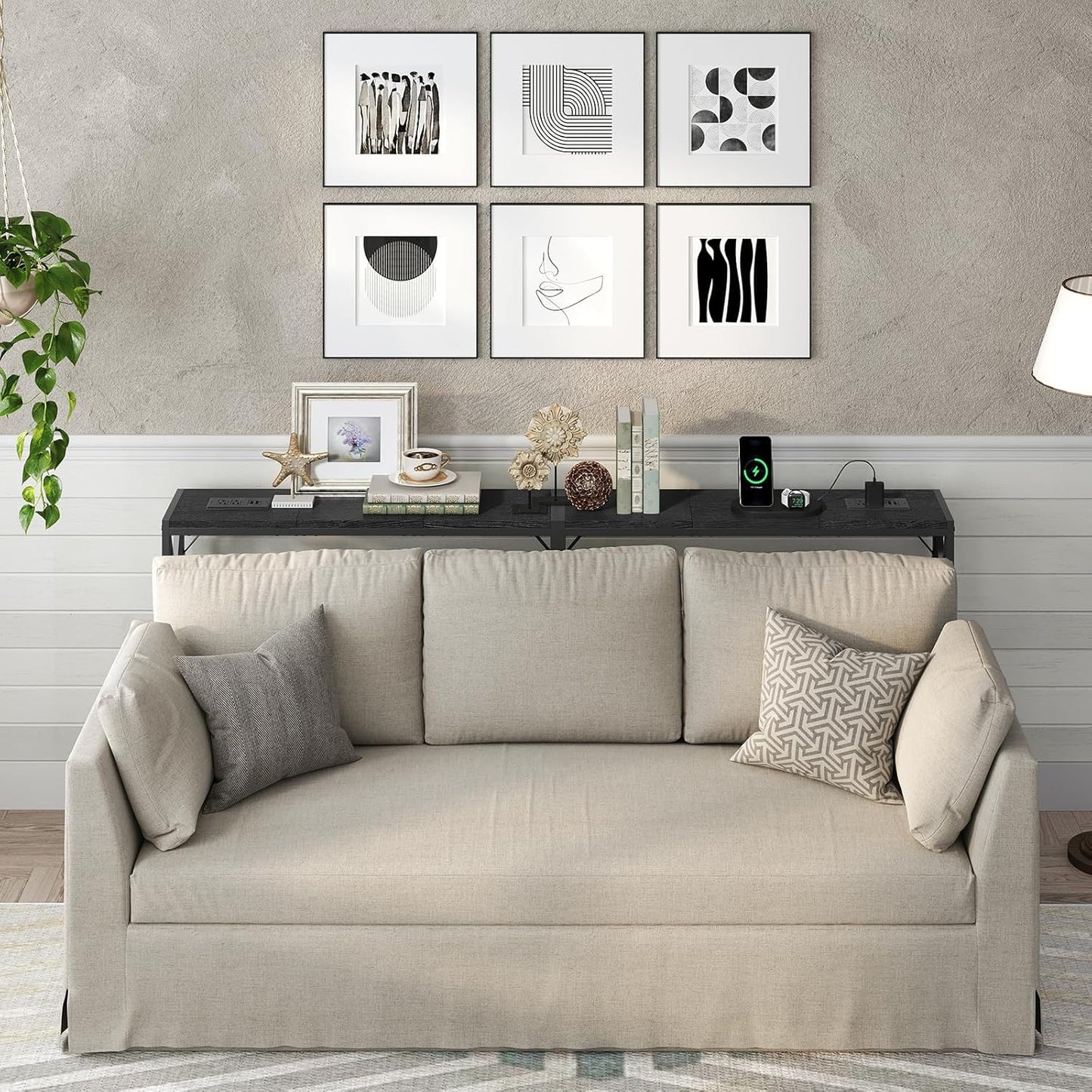 70.8'' Narrow Sofa Table with Charging Station, 2 Pack Skinny Console Table, Long Entryway Hallway Couch Table with Power Outlets, Greige CTHG152E01S2