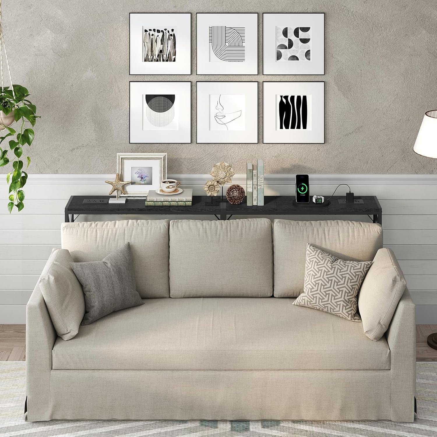 70.8'' Narrow Sofa Table with Charging Station, 2 Pack Skinny Console Table, Long Entryway Hallway Couch Table with Power Outlets, Greige CTHG152E01S2