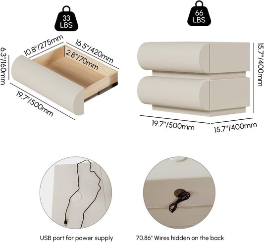Smart Nightstands Set of 2 with Wireless Charging Station, USB & Type-C Ports, Faux Leather White Night Stands Modern Bedside Tables for Bedroom Storage, Fully Assembled