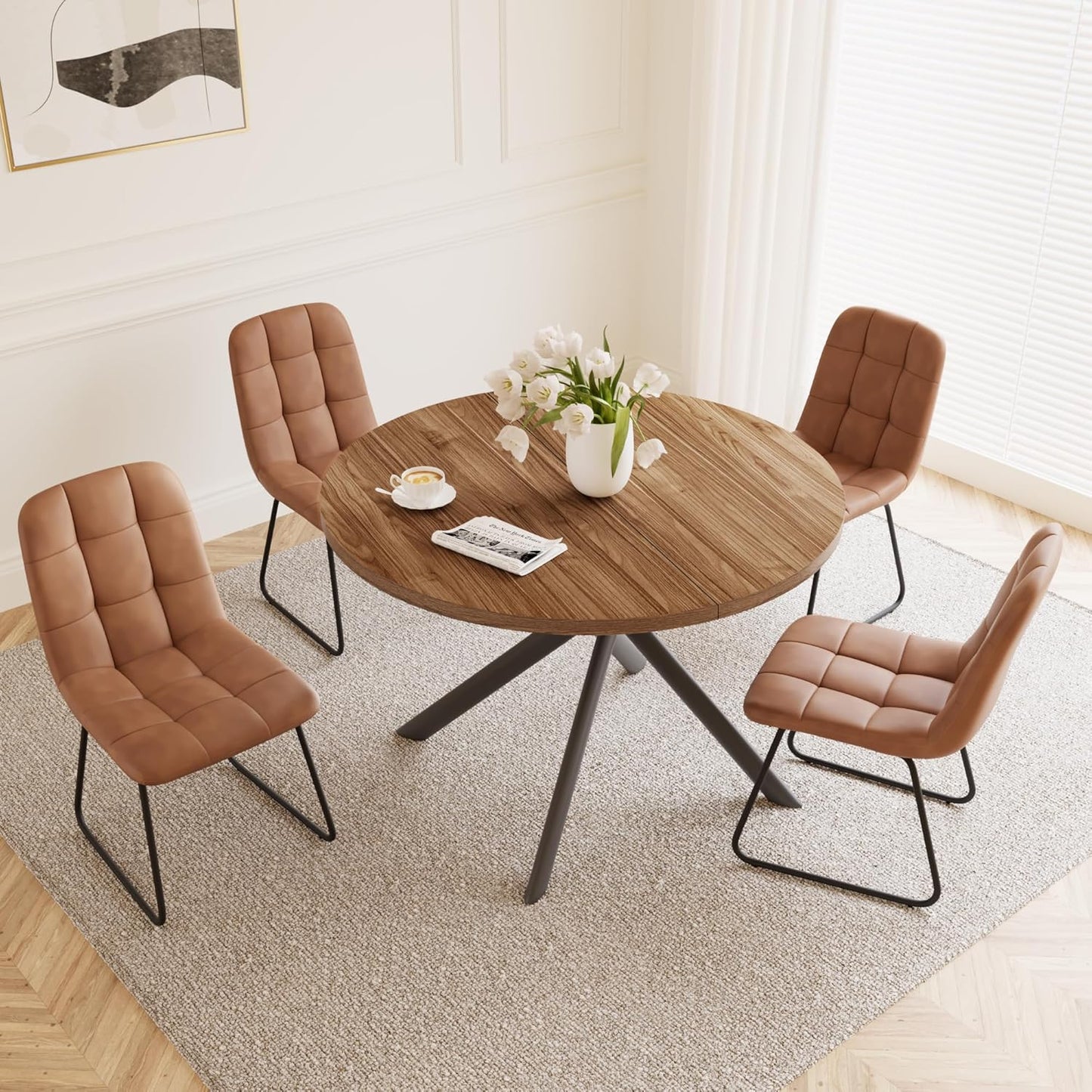 45.3 Inch round Dining Table Set for 4, Mid Century Modern Small Coffee Set for Dining Room Kitchen Apartment (Light Walnut + 4 U-Shaped Brown Chairs)
