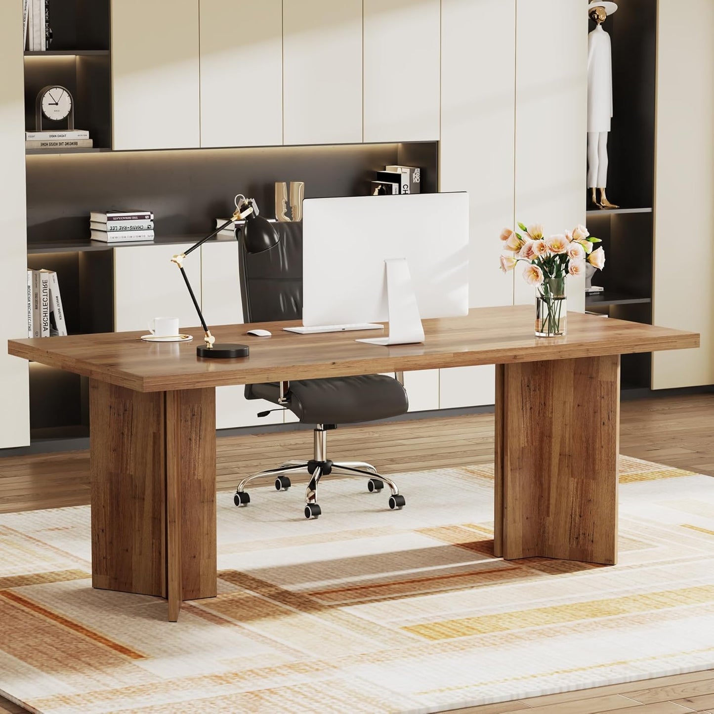 63-Inch Executive Desk, Vintage Home Office Computer Desk with Large Tabletop, Farmhouse Wood Writing Conference Table Workstation for Office, Study, Walnut Brown