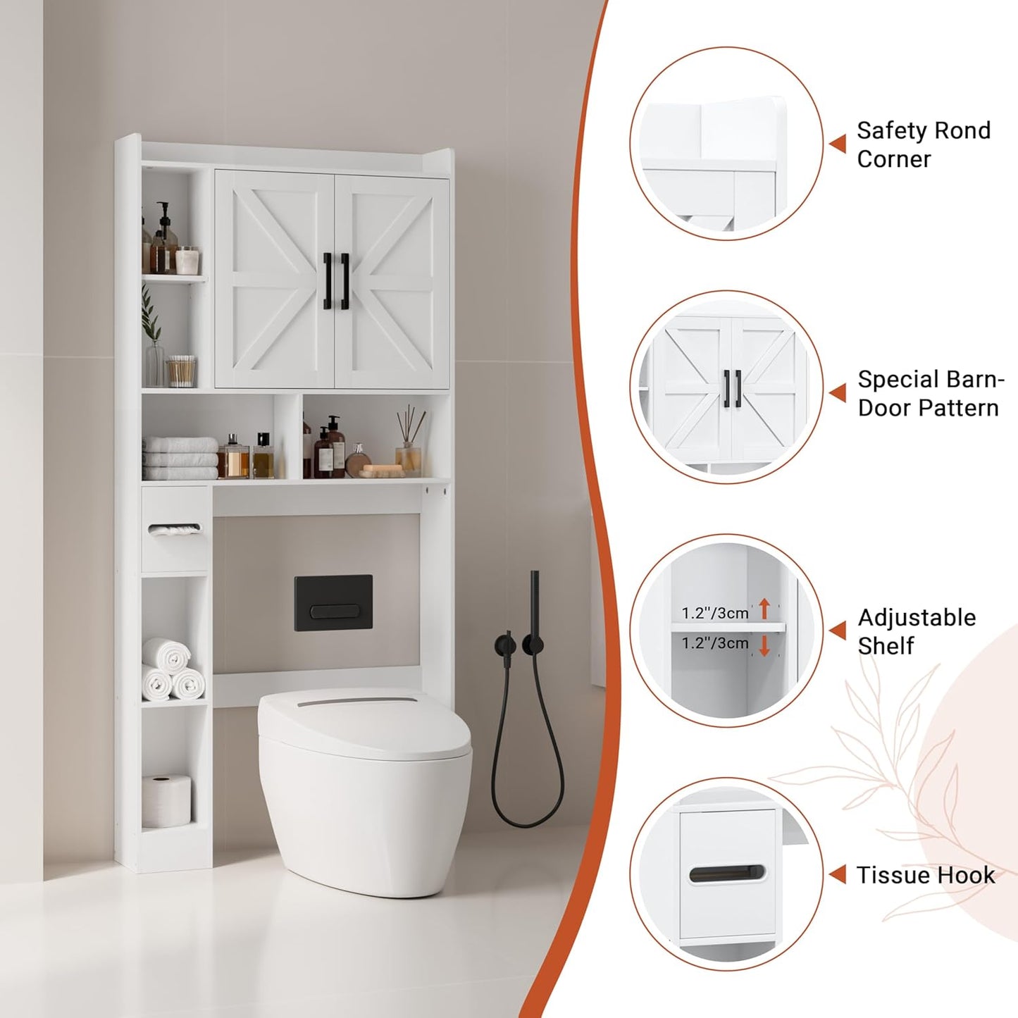 Over the Toilet Storage Cabinet, Tall Bathroom Cabinet Organizer with Adjustable Shelves and Toilet Paper Holder, 32" W Farmhouse Storage Cabinet with 2 Barn Doors for Laundry, Restroom, Grey