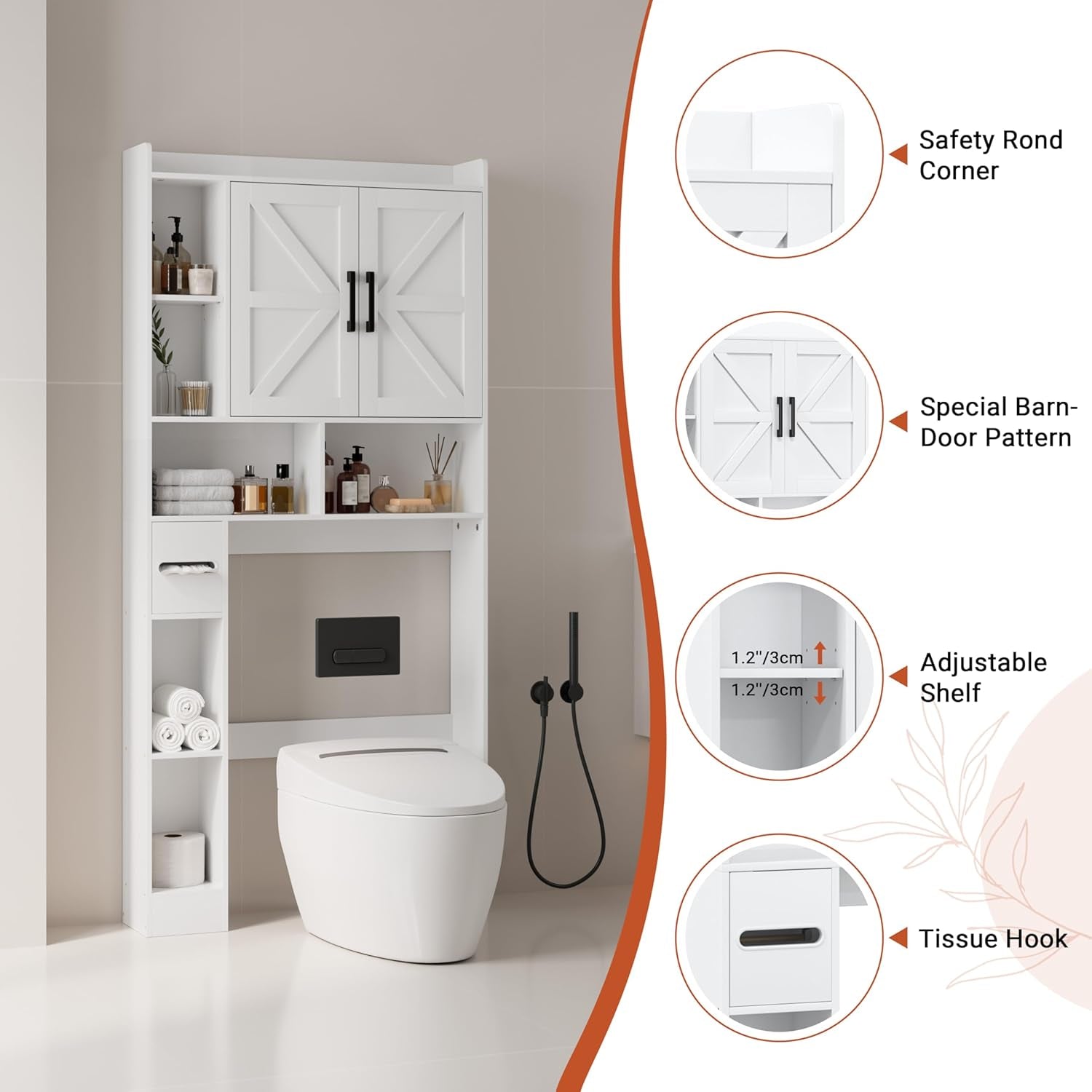 Over the Toilet Storage Cabinet, Tall Bathroom Cabinet Organizer with Adjustable Shelves and Toilet Paper Holder, 32" W Farmhouse Storage Cabinet with 2 Barn Doors for Laundry, Restroom, Grey