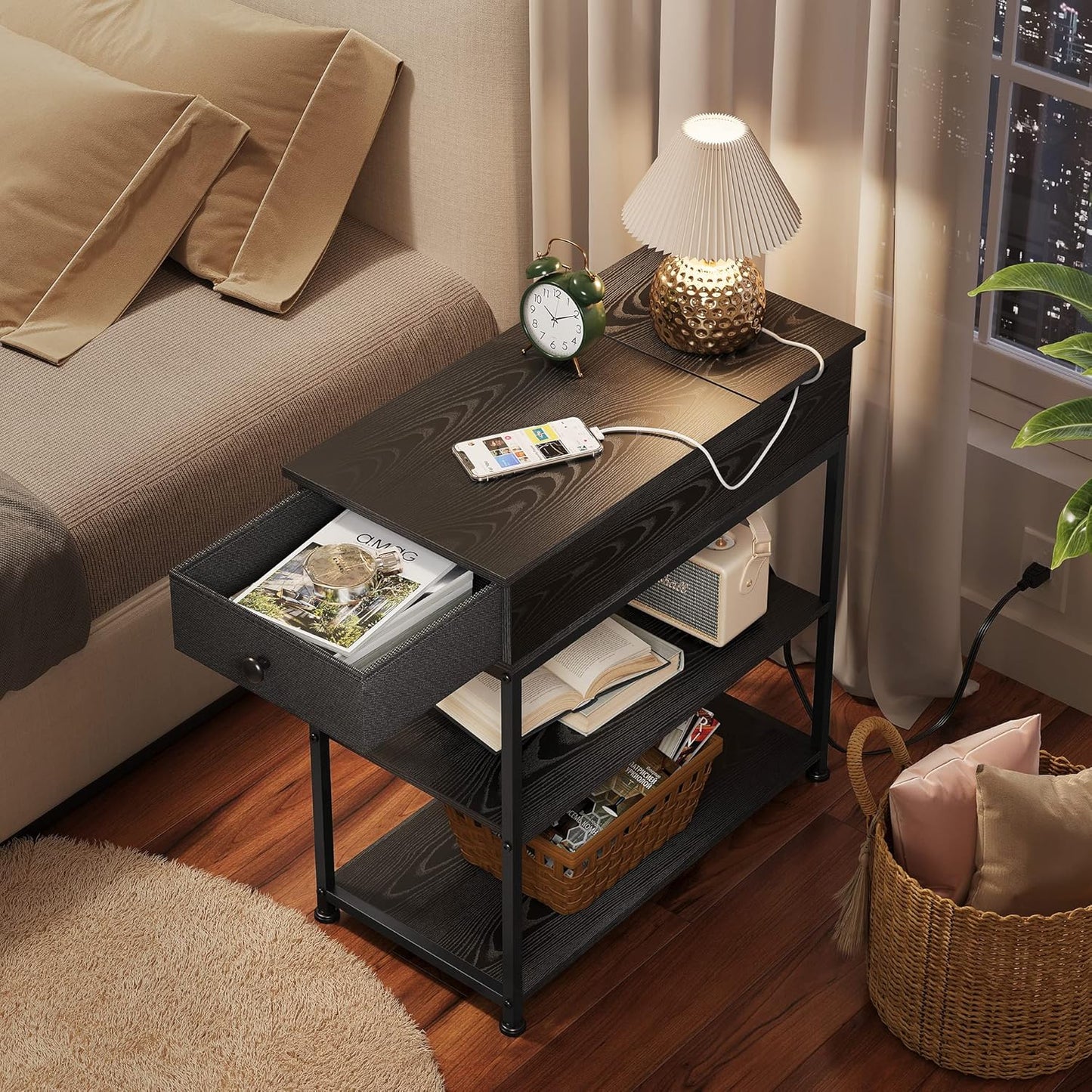 Narrow Side Table with 2 USB Ports and 2 Outlets, Flip Top Black End Table with Drawer and Storage Shelves, Small Nightstand with Charging Station for Living Room/Bedroom