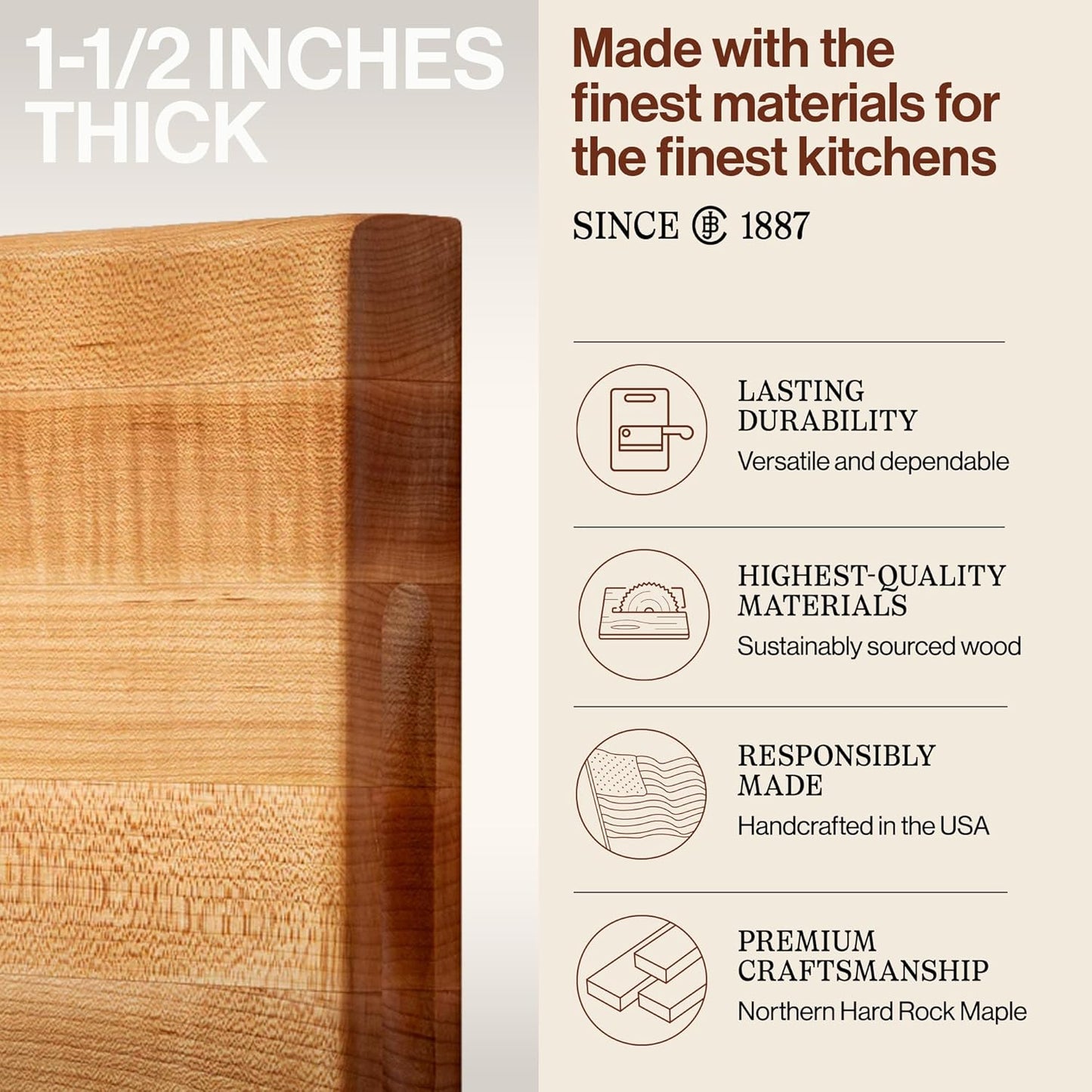 R-Board Series Rectangular Wooden Maple Cutting Board 18”X12” – 1.5” Thick, 10-Lb Reversible Butcher Block with Edge-Grain & Finger Grips – Made in the USA