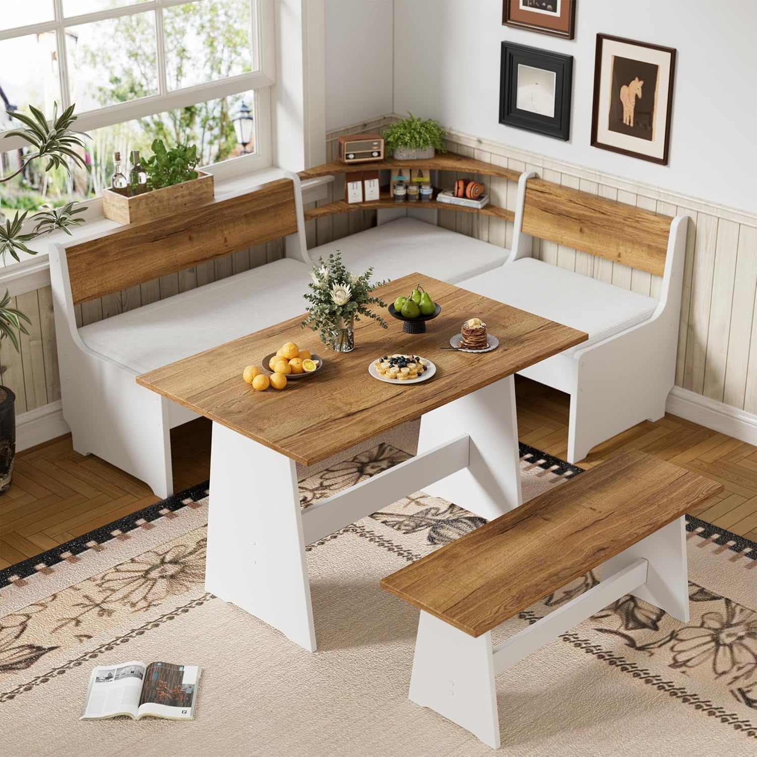 Corner Breakfast Nook Table Set with Cushion, L-Shape Kitchen Dining Table with Bench, Farmhouse Wood Breakfast Nook Bench with Hidden Storage,White & Brown