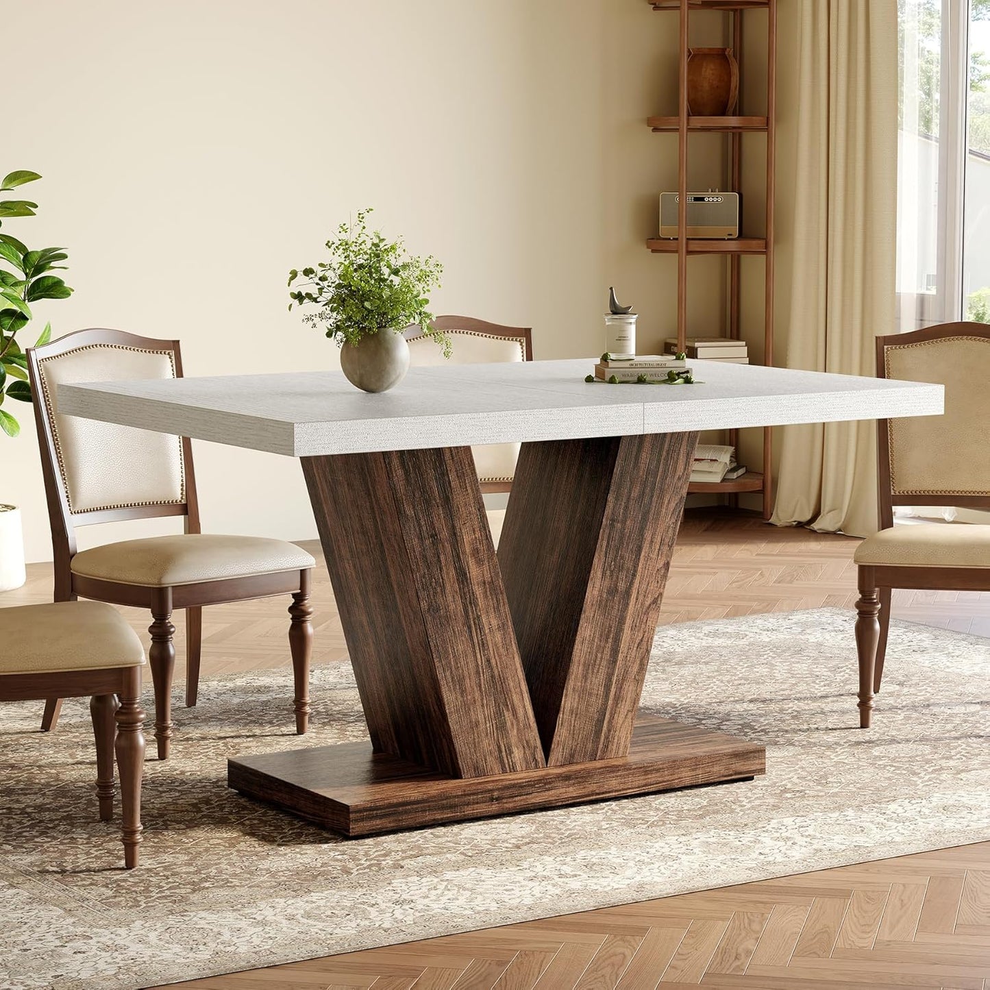 47 Inches Dining Table for 4, Modern Dining Room Tables, White Rectangle Kitchen Table with Rustic Brown V-Shaped Pedestal, Wooden Dinner Table for Dining Room, Kitchen, Living Room