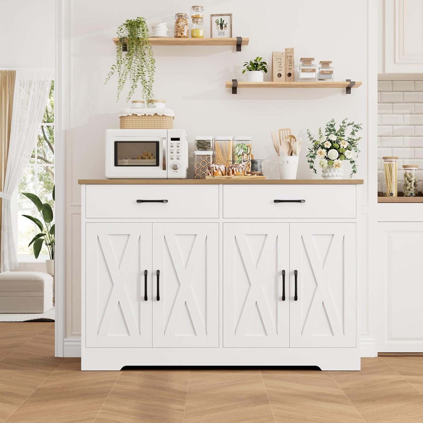 Buffet Cabinet with Storage, 47.2" Kitchen Sideboard Buffet with Drawers, Modern Farmhouse Coffee Bar Station with Shelves, Barn Doors Storage Cabinet for Living Room, White/Rustic Brown