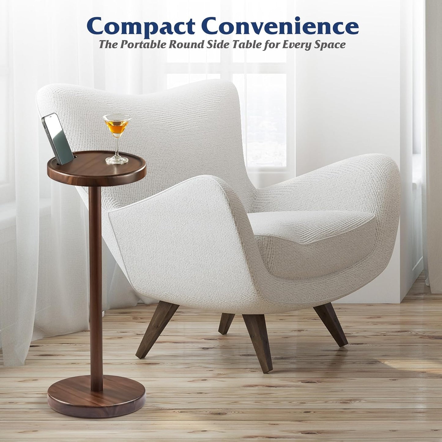 Walnut tall compact drink table with phone slot and weighted base, view 6