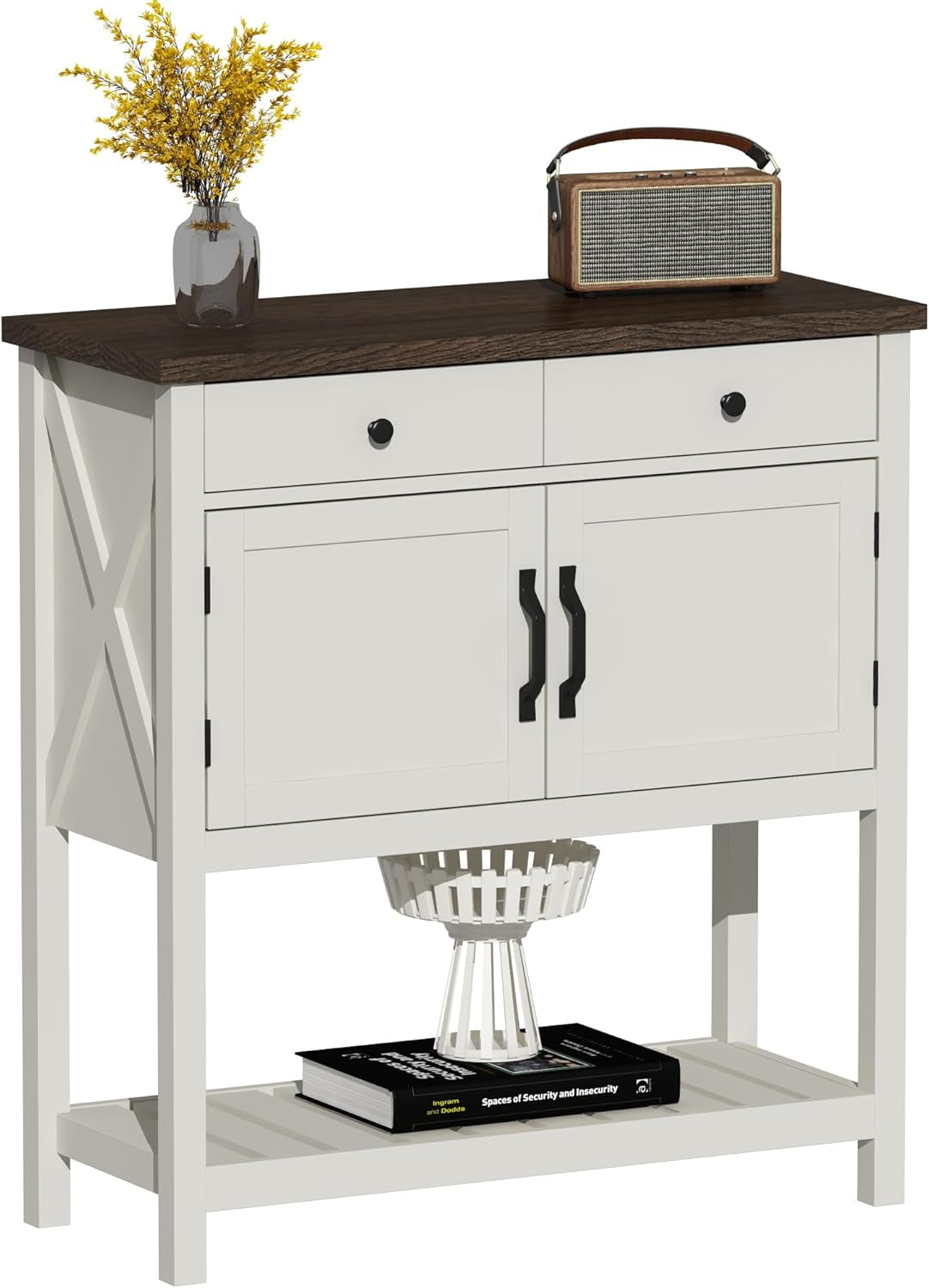 White farmhouse console table with storage shelf and coffee bar cabinet, view 9