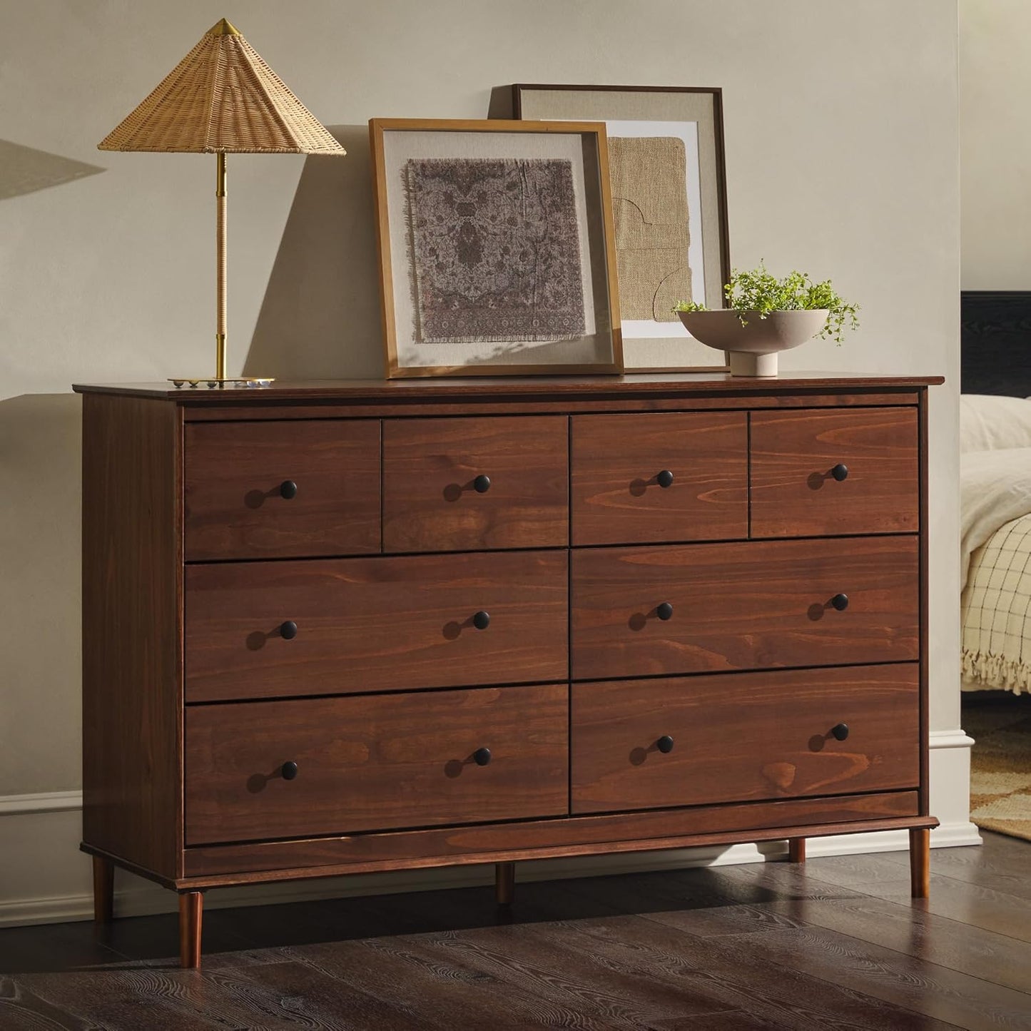 Modern 6-Drawer Solid Wood Dresser Bedroom Storage, 57 Inch, Walnut