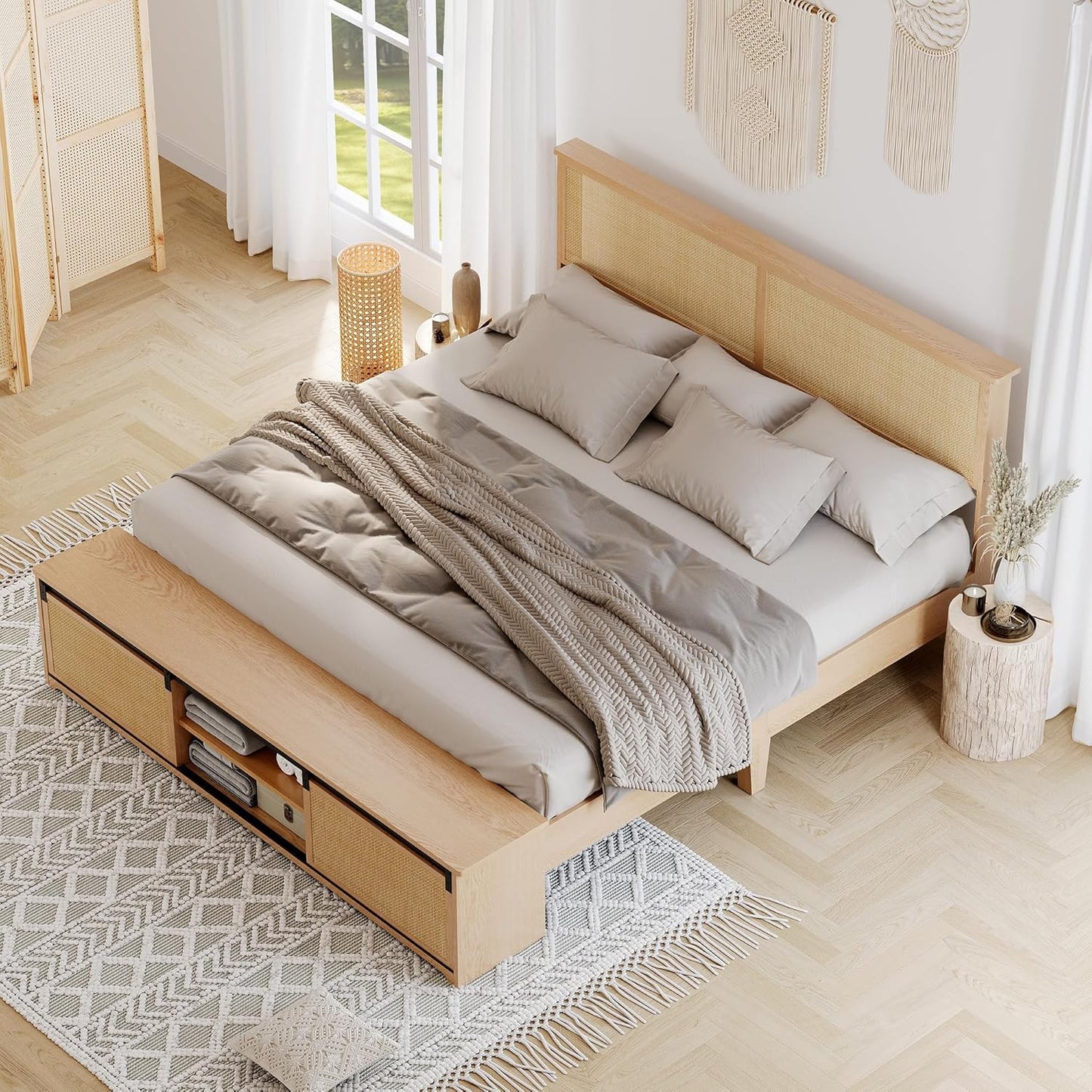 Natural Rattan Queen Size Bed Frame with Sliding Barn Door Storage Cabinets and LED Light Headboard, Boho Farmhouse Wood Platform Bed with Solid Wood Legs Support, No Box Spring Needed