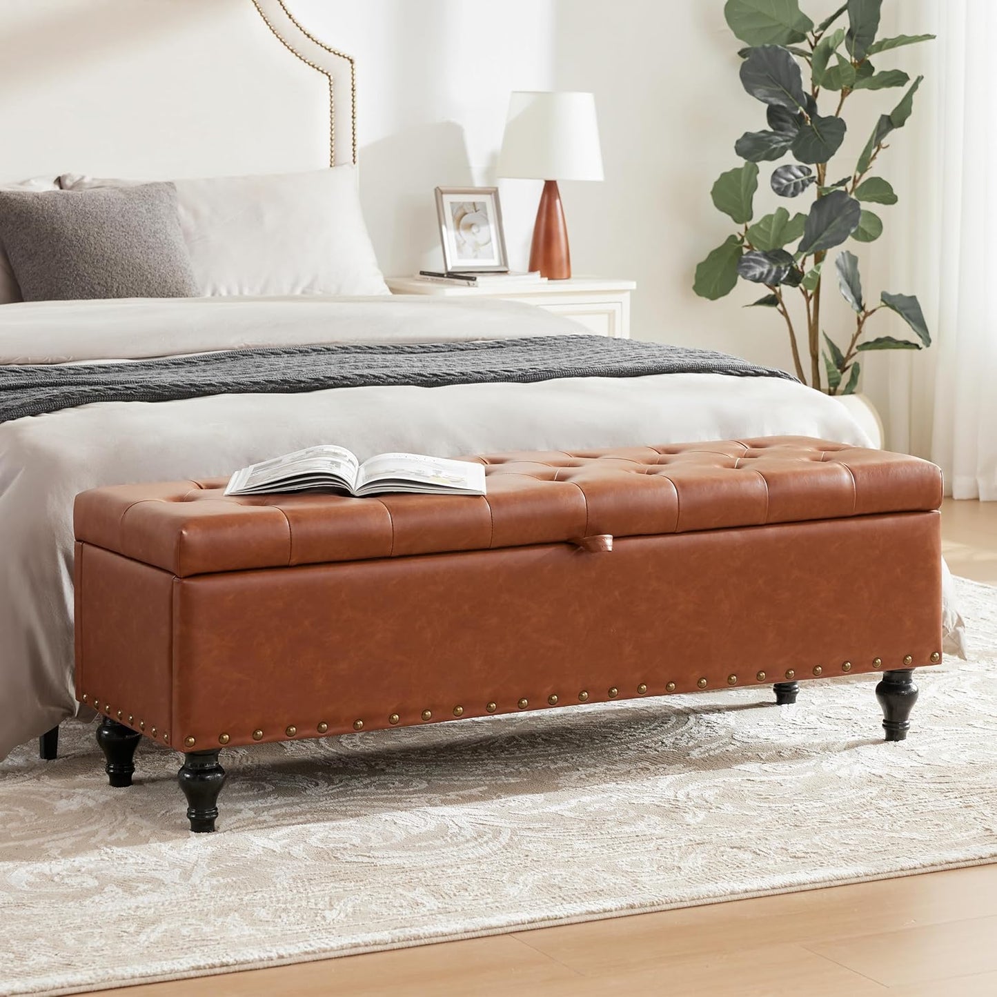 51.8’’ Storage Ottoman Bench, Faux Leather Ottoman with Storages, Window Benches Holds up to 330Lbs, Upholstered Storage Bench for Bedroom, Living Room, Entryway and Family Room, Light Gray