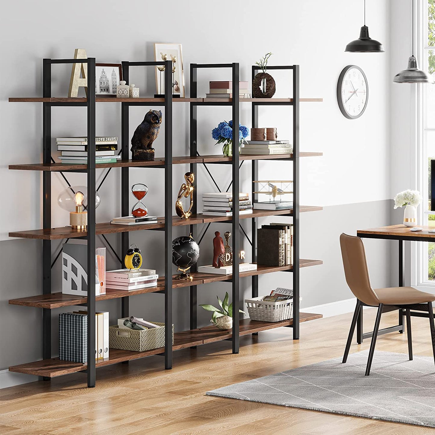 5-Tier Bookshelf, Vintage Industrial Style Bookcase 72 H X 12 W X 47L Inches