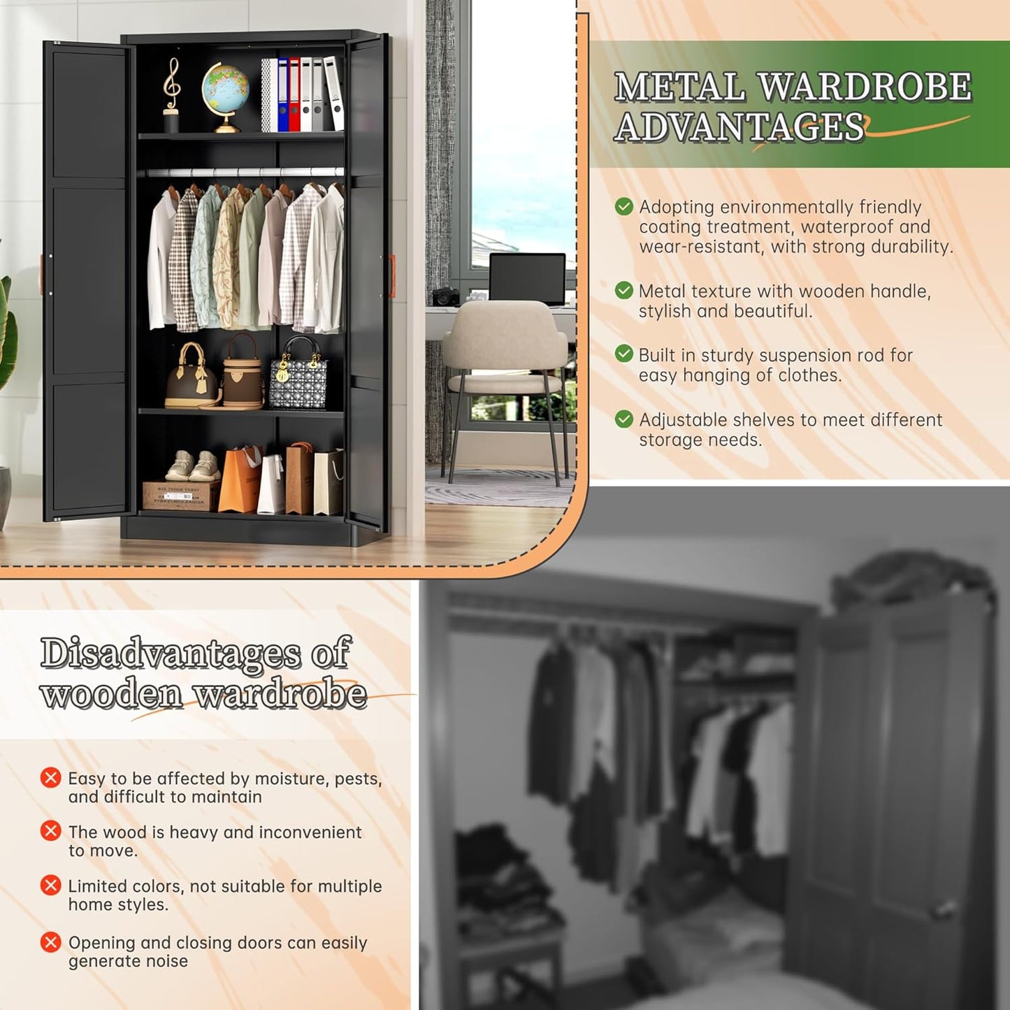 Metal Wardrobe Closet with Doors and Shelves,72" Black Armoire Wardrobe Closet for Hanging Clothes for Home,Bedroom,School,Employee,Gym(36" W X 18" D,Warm Style)