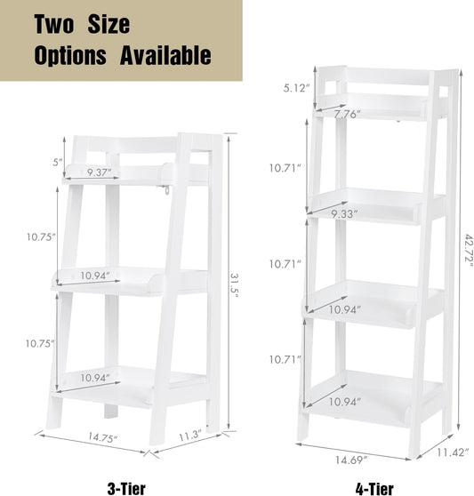 3-Tier Ladder Shelf, Bathroom Shelf Freestanding, 3-Shelf Spacesaver Open Wood Shelving Unit, Ladder Shelf (White)