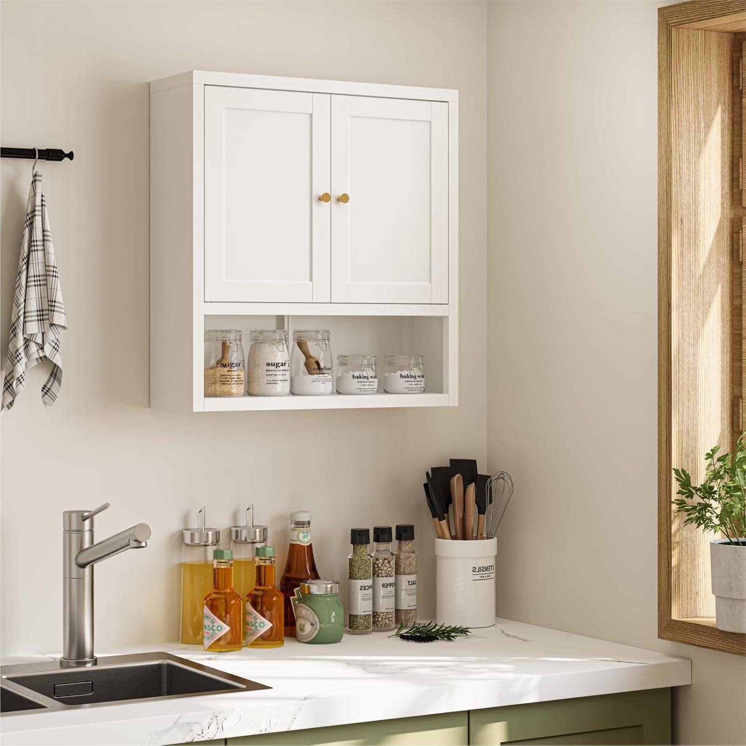Metal Bathroom Cabinet, Small Floor Storage Cabinet, Freestanding Sideboard with 2 Adjustable Shelves for Living Room, Dinging Room (White, 31.5" H-2 Doors)