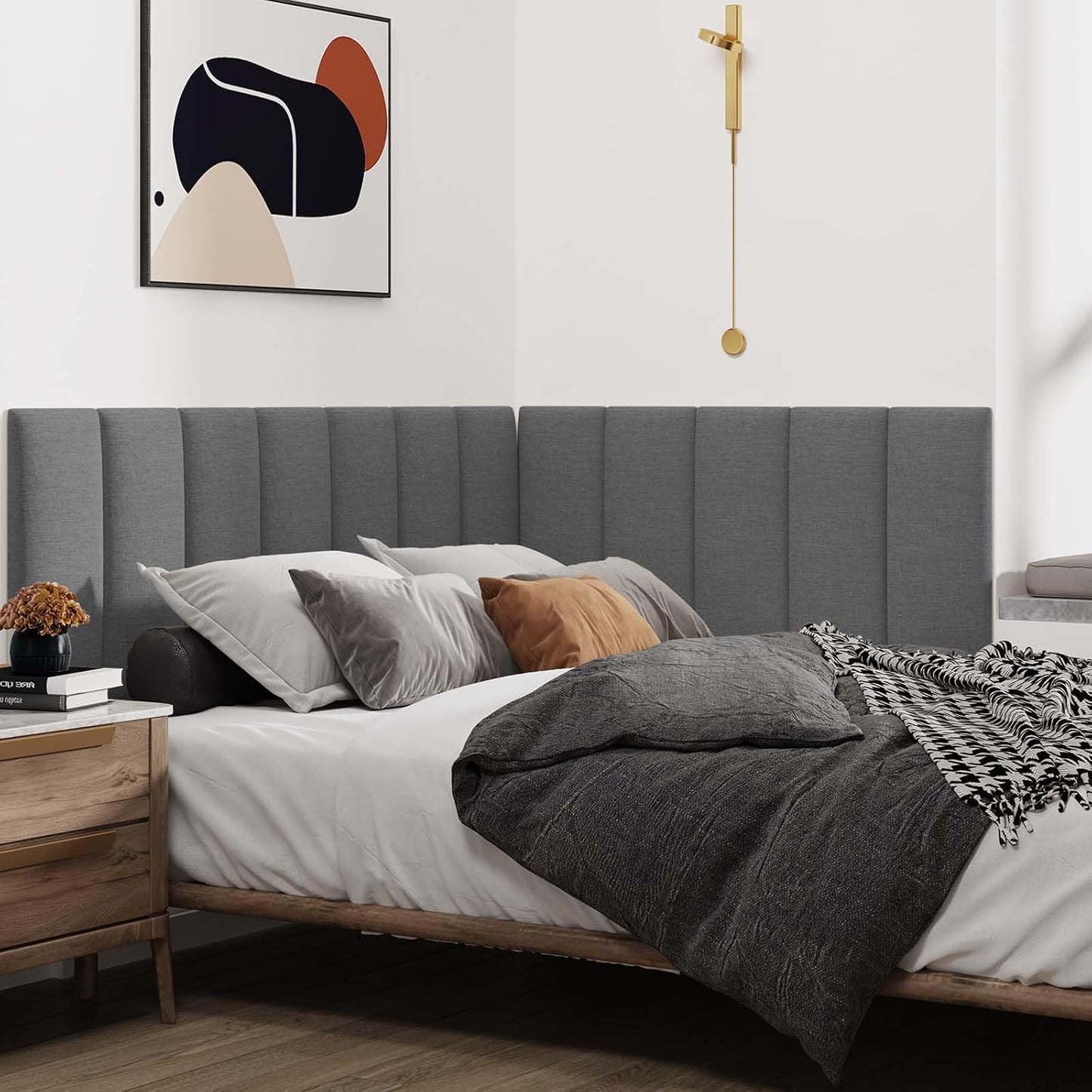 Upholstered Wall Mounted Headboard, 3D Soundproof Wall Panels Peel and Stick Headboard for Queen Size, Reusable and Removable Tufted Bed Headboards in Dark Grey(9 Panels, 10" X 24")