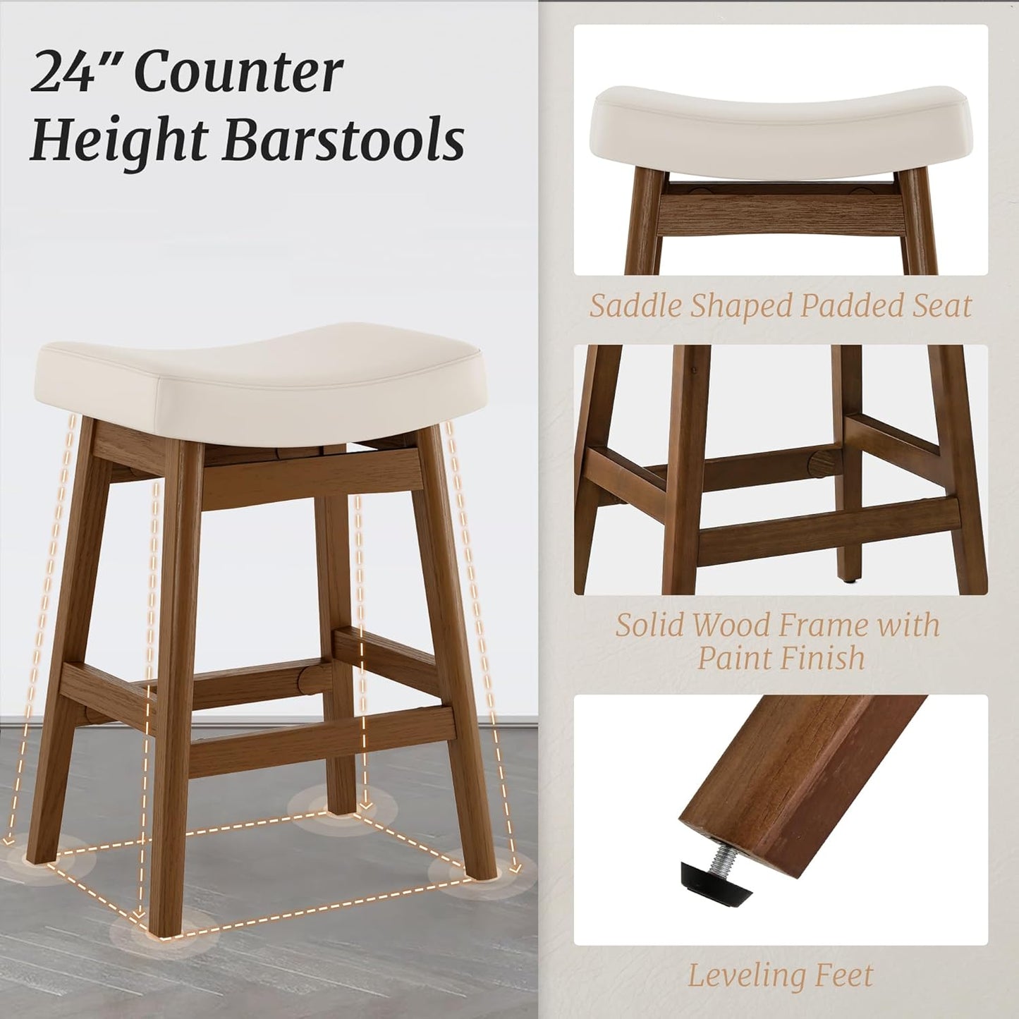 Bar Stools Set of 3, Barstools with Sturdy Wood Legs, Saddle Seat Counter Height Bar Stools for Kitchen Counter, Bar, Dining, 24 Inch Farmhouse Counter Stools, Antique White Leather