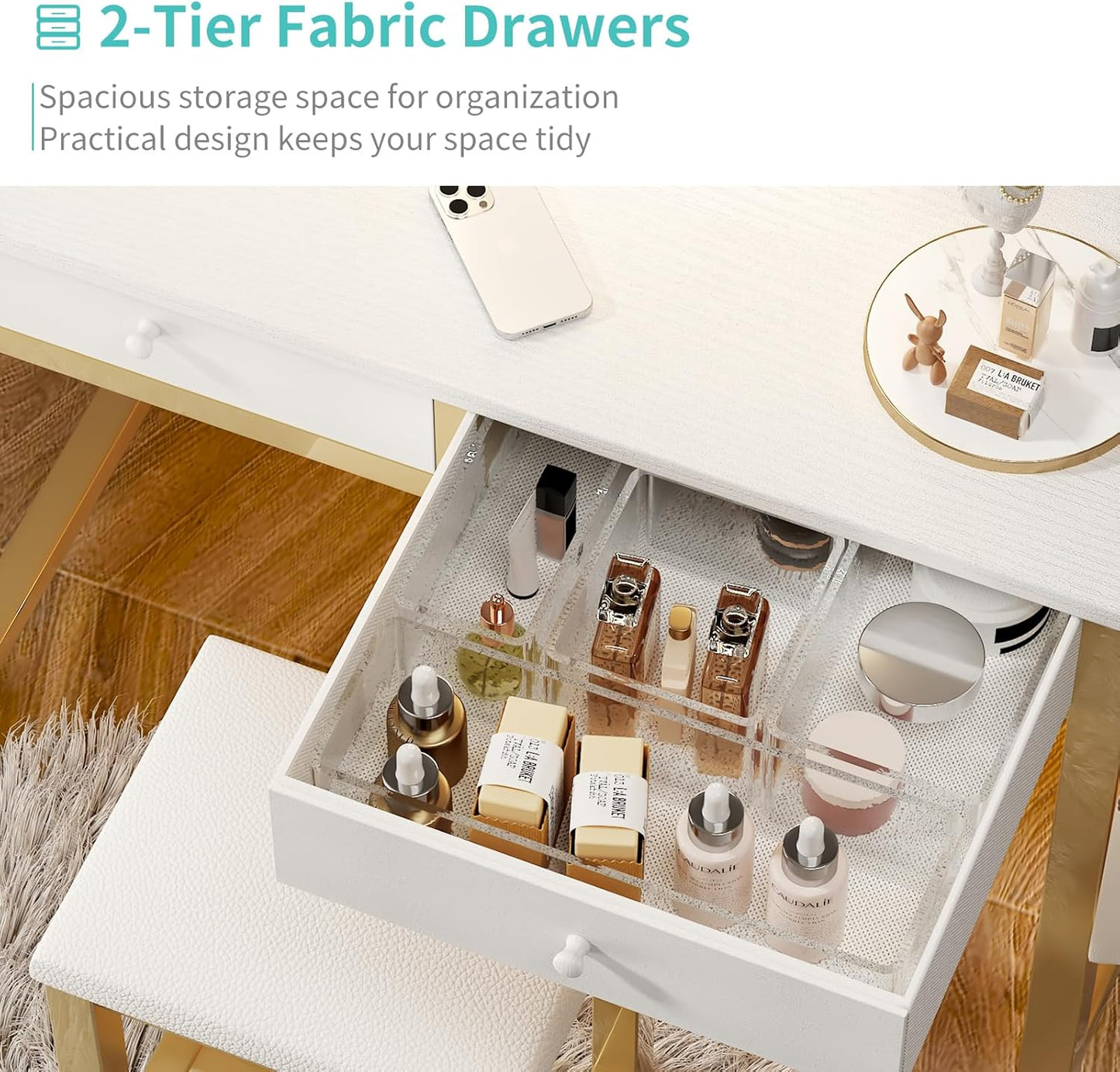 Small Makeup Vanity Desk with Mirror and Light, 32 Inch White Vanity Desks Sets with Fabric Drawers for Girls Teen, Dressing Table and Chair Set with Power Outlet for Bedroom, White Gold
