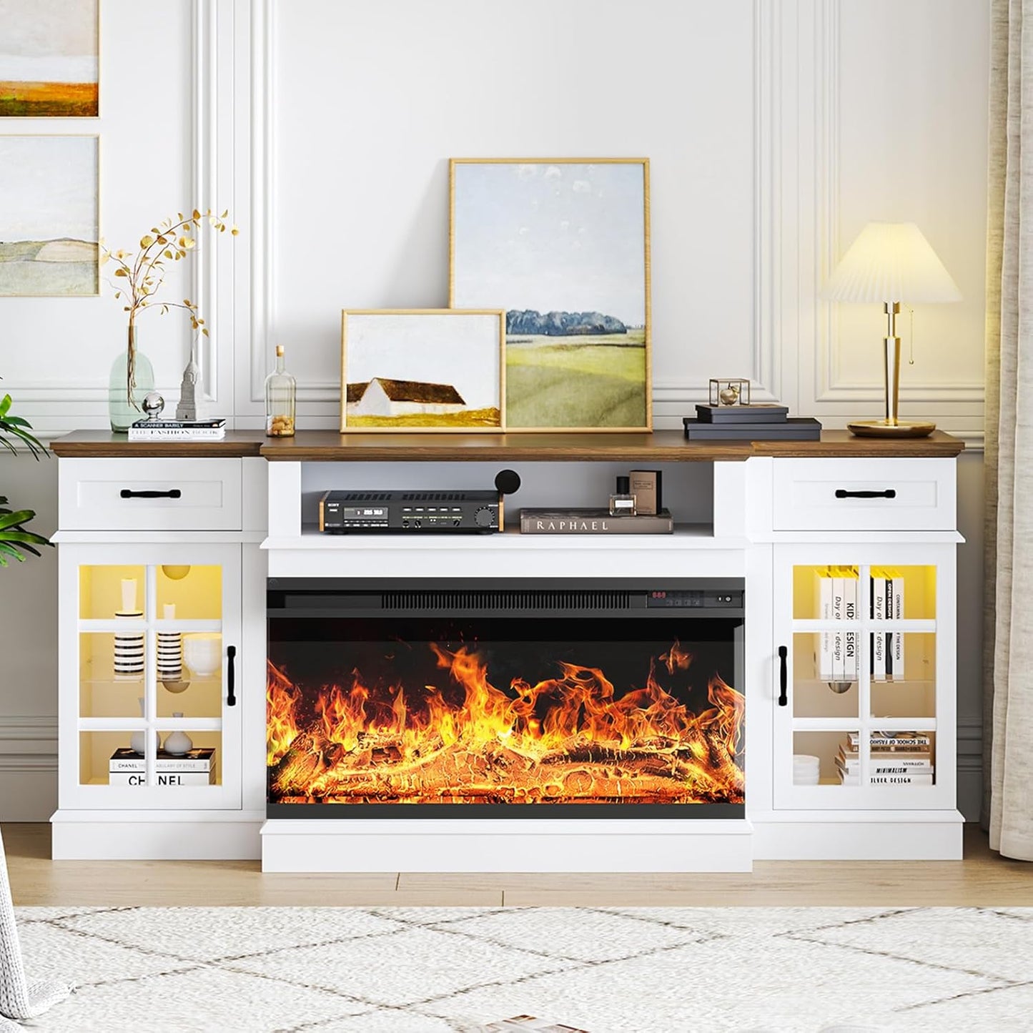 70" Fireplace TV Stand with 3-Sided Glass Fireplace, Modern Wood Entertainment Center with LED Lights and Glass Door, 36" Fire Place TV Stands for Living Room, White