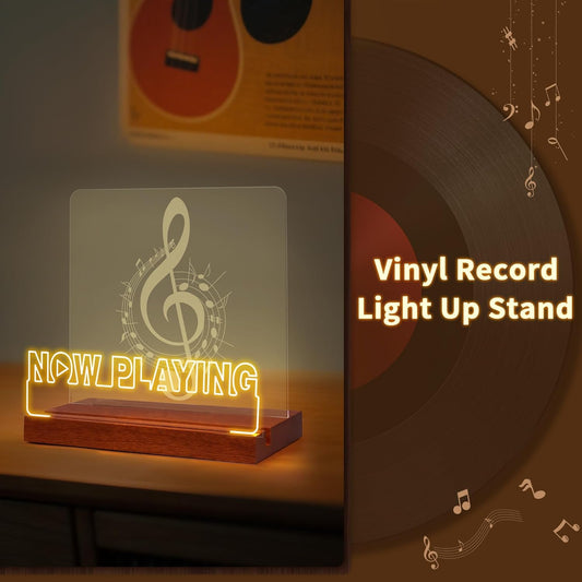 Now Playing Vinyl Record Stand, Light up Record Holder Stand Display Decor, LED Wooden Base with Soft Warm White Lights,Vinyl Album Storage Gifts for Music Lovers Room Decor