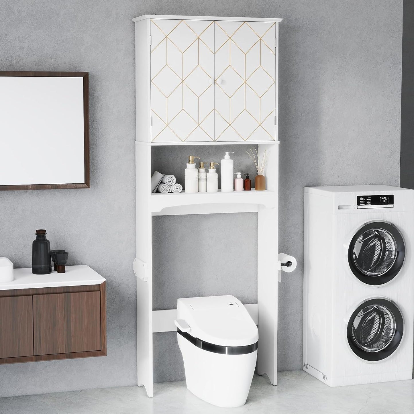 over the Toilet Storage Cabinet with Gold Trim,Modern Bathroom Cabinet over Toilet with Adjustable Shelves and Toilet Paper Holder,Over Toilet Organizer Space Saver for Bathroom (Black)