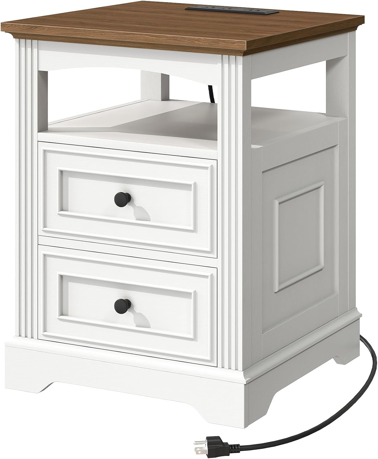 Farmhouse End Table with Charging Station, Large Side Table with Drawers and Open Shelf, Square Rustic Wooden Nightstand for Living Room, White and Walnut