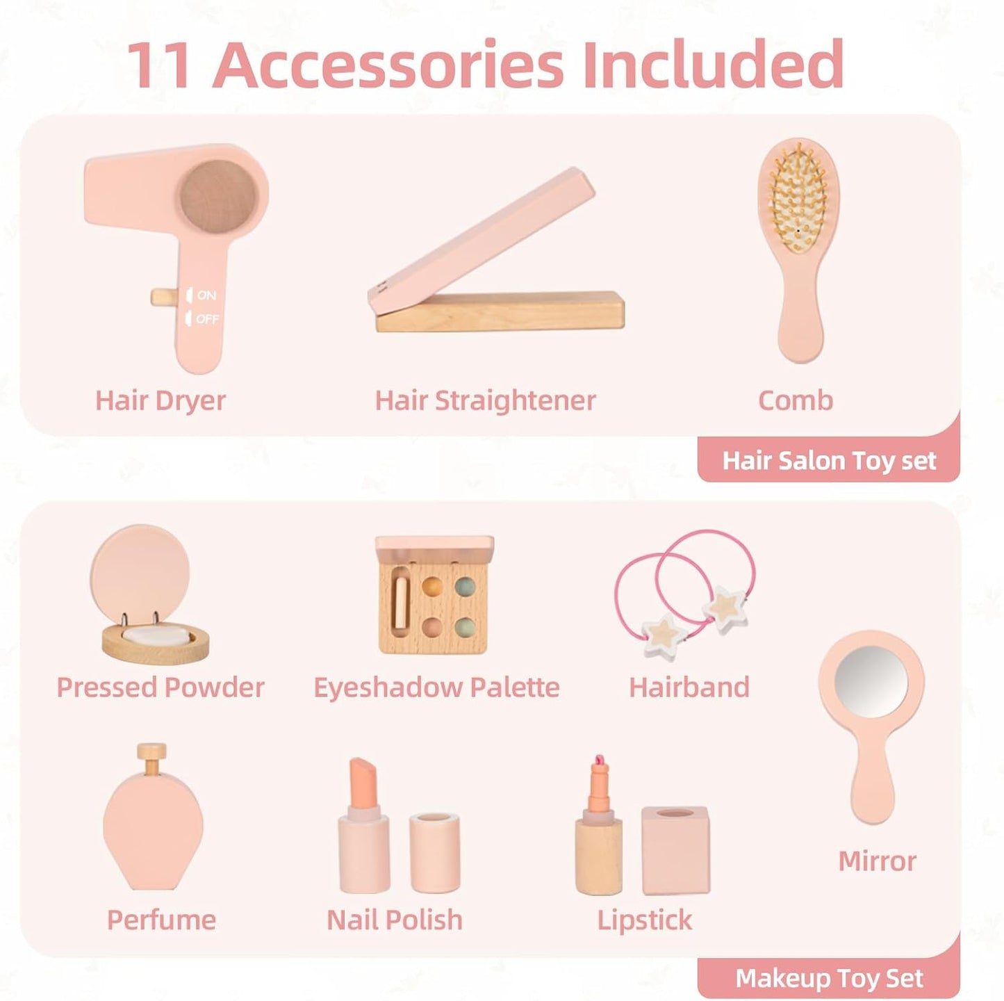 Kids Vanity Table and Chair Set, Pink Girls Vanity with 11 Pcs Accessories, Enough for Real and Pretend Makeup, Toddler Vanity for 3 Year Old and up as Ideal Gift