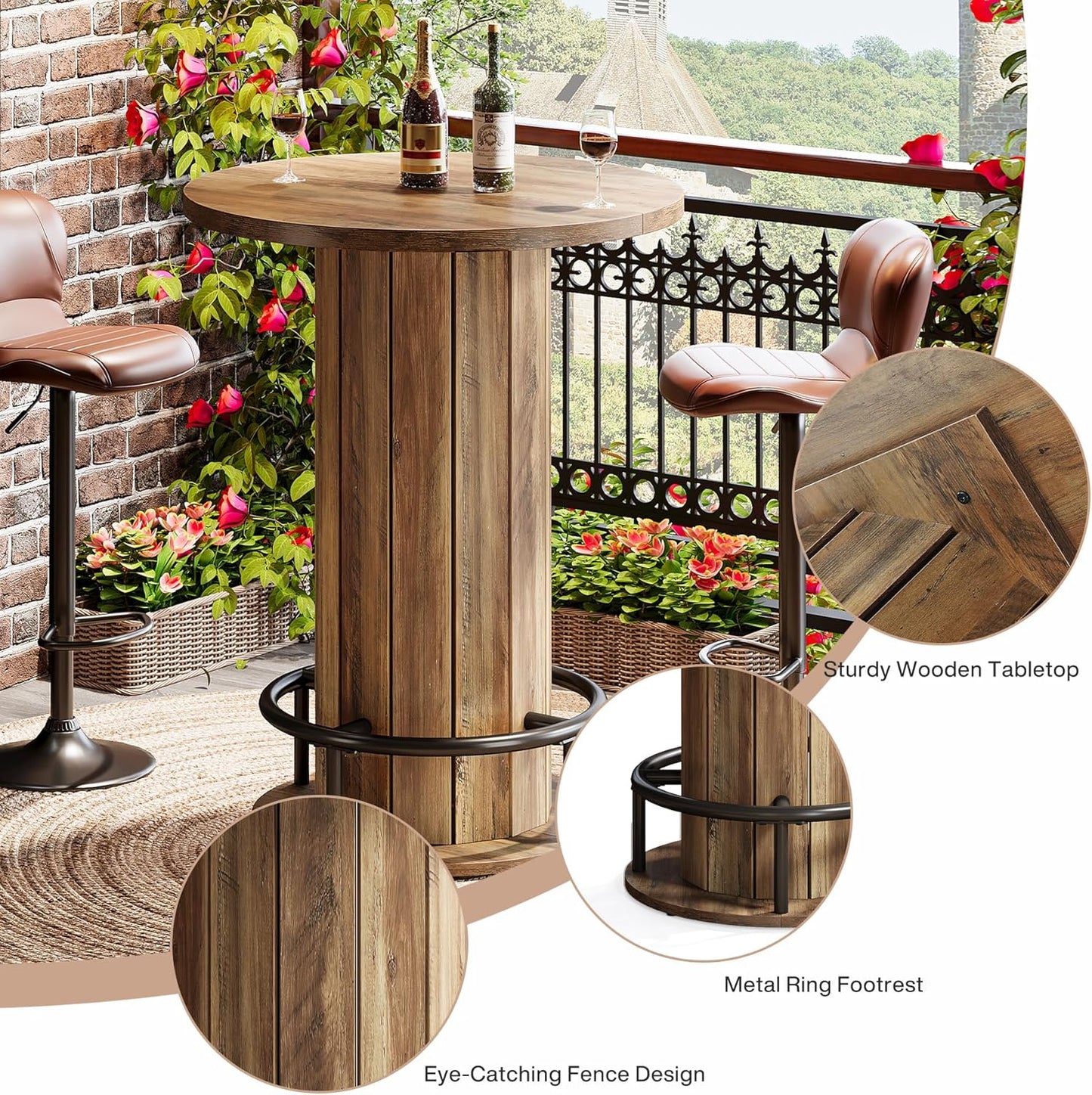 round Bar Table, 39.4" H Wood Bistro Pub Table with Metal Ring Footrest for Dining Coffee Cocktail Living Room, Small Space, Brown(Only Table)