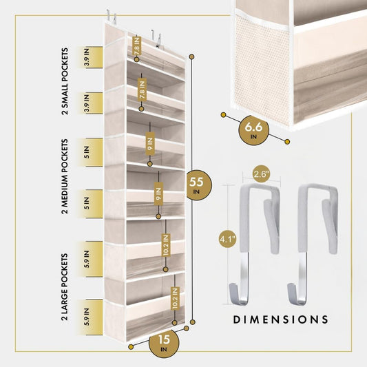 UPGRADED over the Door Organizer Hanging - 100D EXTRA THICK & 50Lbs HUGE CAPACITY 6 Large Front & 12 Side Pockets, over the Door Shoe Organizer, Hanging Closet Organizer (Ivory, 1Pc)