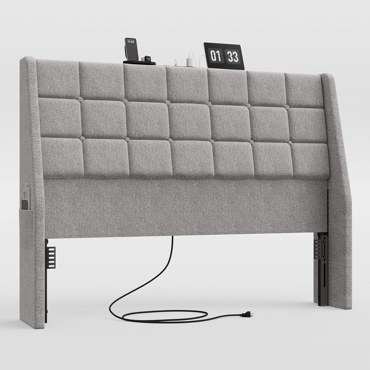 Ergonomic Upholstered Headboard Queen Size W/Charging Station, Linen Wingback Headboards W/Storage Pocket, Queen Headboard Only, Bed Frame Adapters, Sturdy Stable Solid Wood Bed Head Board, Light Grey