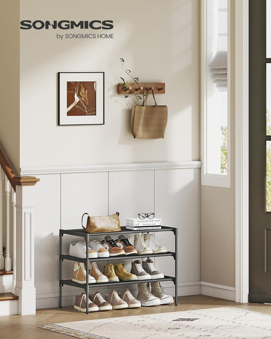 Shoe Rack, 3-Tier Shoe Storage Organizer, Space-Saving, 11.7 X 24.5 X 21 Inches, Entryway, Metal Frame, Non-Woven Fabric Shelves, Ink Black ULSH023BH01