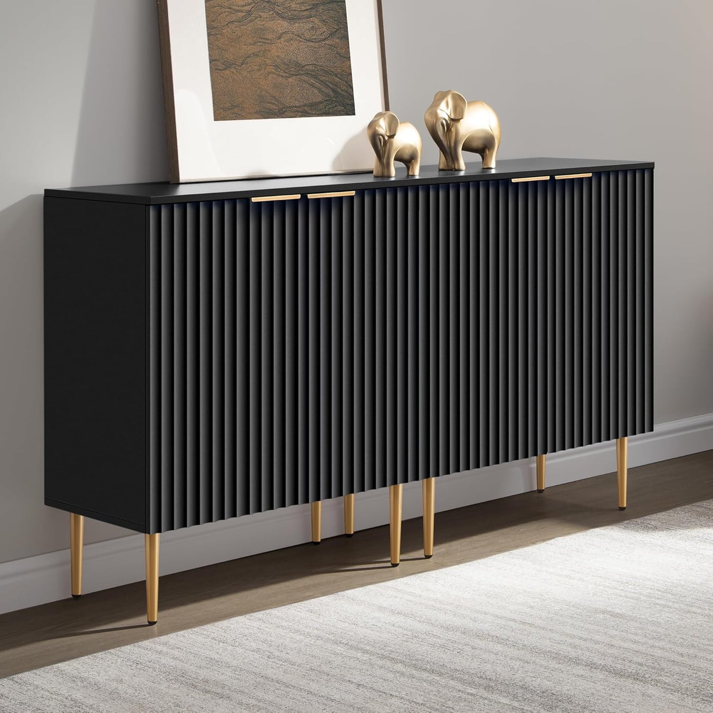 57" Modern Sideboard Buffet Cabinet - Elegant Storage Credenza with 4 Doors & Adjustable Shelf, Space-Saving Console Coffee Bar Table for Entryway, Kitchen, Living Room or Hallway