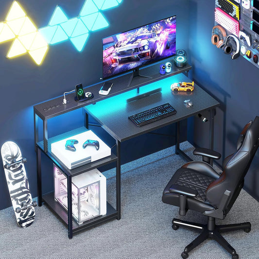 Computer Desk, 48 Inch Gaming Desk with Led Lights & Power Outlet, Office Desk with Storage Shelves, Reversible Desk with Monitor Shelf & Headphone Hook, Carbon Fiber Black