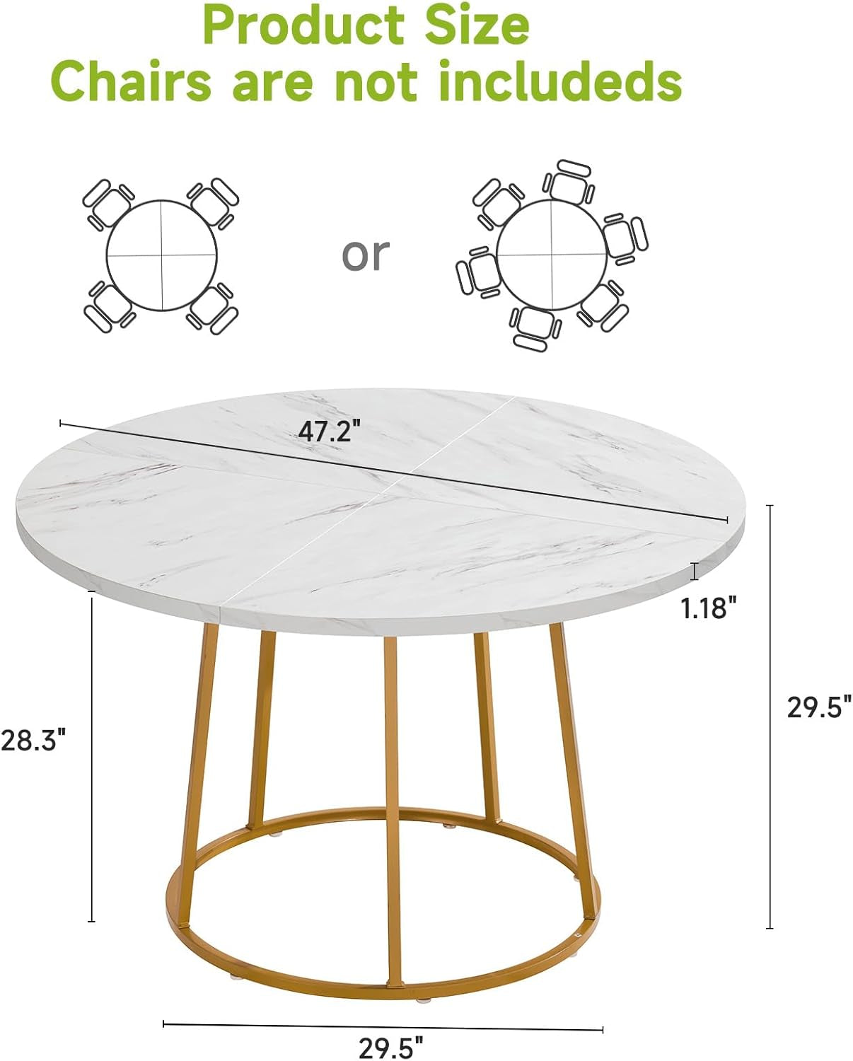 Round Dining Table, 47.24 Inch Kitchen Table for 4-6 People, Wooden Faux Marble Dinner Room Table with Gold Base, Circle Modern Small Table for Home Dining Room Kitchen Restaurant (White)