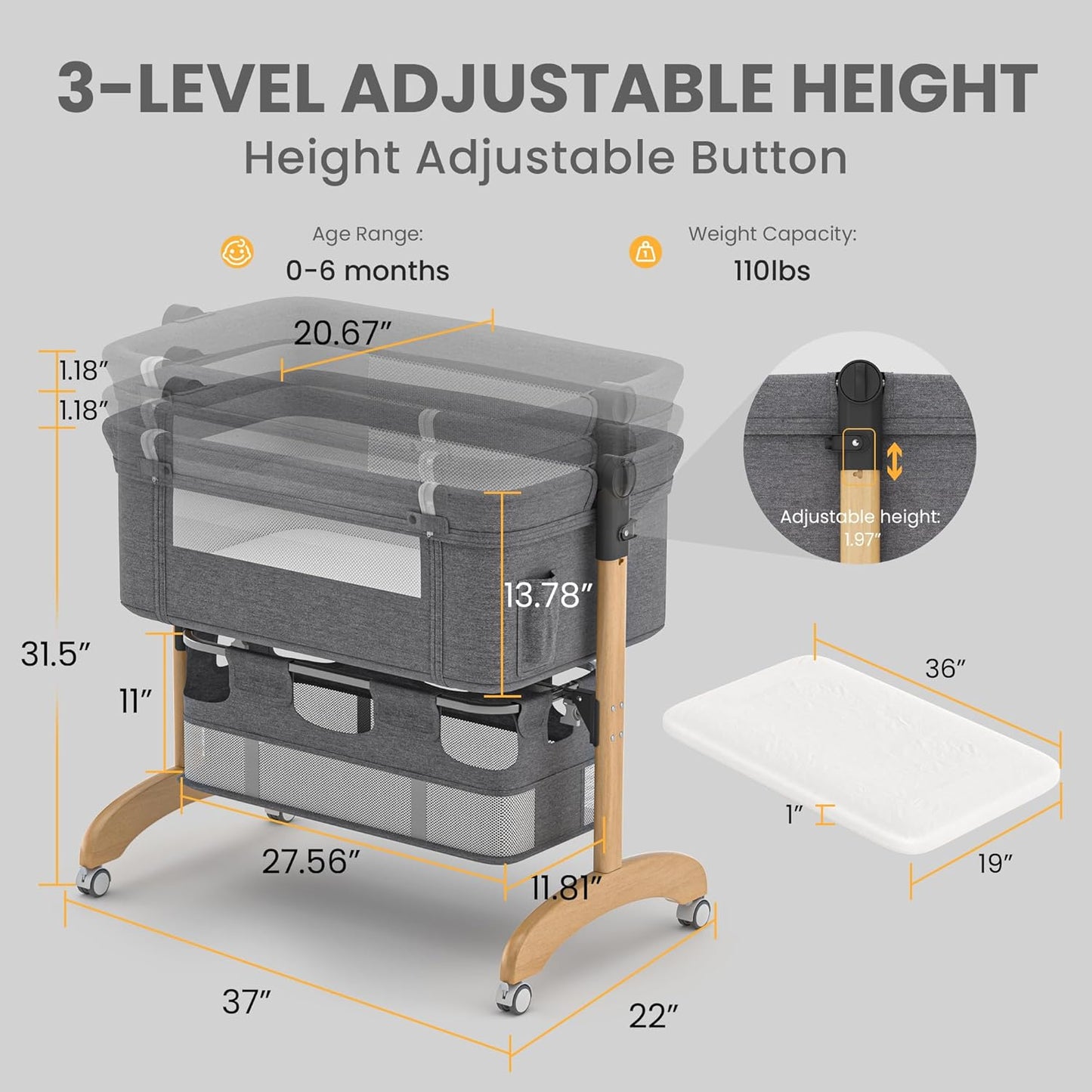 Baby Bassinet, Bedside Bassinet for Baby, 3 in 1 Adjustable Height Bedside Sleeper with Wheels, Breathable Mesh, Easy Folding Portable Crib, Rocking Mode & Storage Basket for Newborn Infants