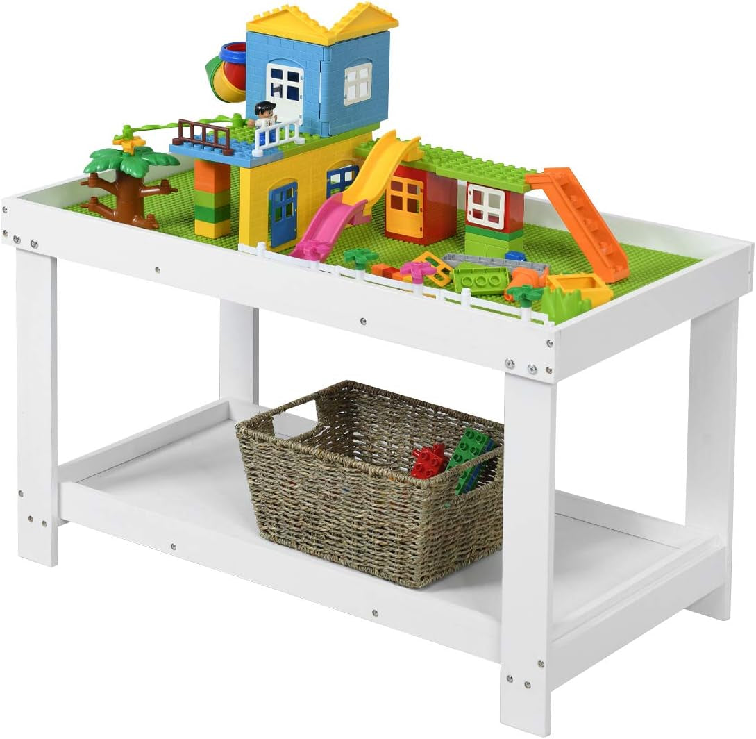 2 in 1 Kids Activity Table W/Storage, Patented Building Block Table W/Board for Bricks Crafts Arts Draw, Children Solid Wood Play Table Desk for Preschool Toddler Boy & Girl Gift, White