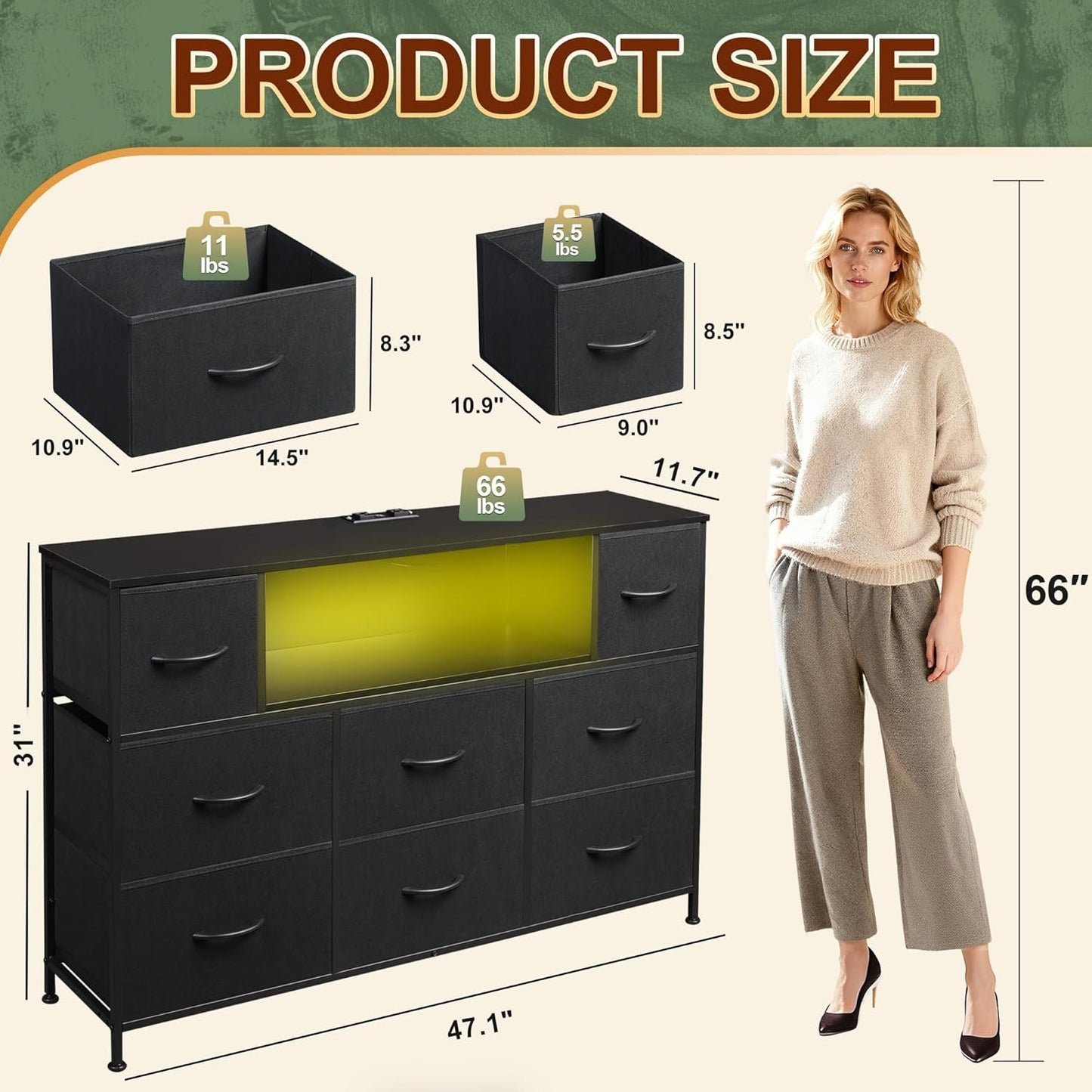 Black TV Stand for 45, 50, 55 Inch TV, TV Media Console Table with LED Lights & Charging Station, Entertainment Center with 8 Fabric Drawers and Open Shelves for Living Room, Hallway