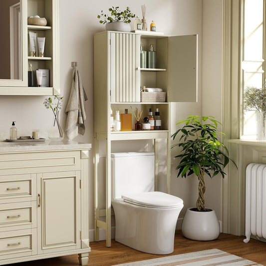 over the Toilet Storage Cabinet, Bathroom Organizer W/Fluted Doors, Adjustable Shelf&Bottom Bar, Open Storage Cube, Space-Saving above Toilet Storage Cabinet for Laundry (Cream White)