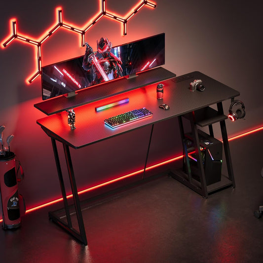 47-Inch Gaming Desk with LED Lights & Power Outlets|Carbon Fiber Gaming Table with Monitor Stand & Adjustable Storage Shelves|Rgb Ergonomic Gamer Desk, Esports & Streaming, Black