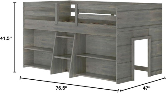 Modern Farmhouse Low Loft Bed, Twin Bed Frame for Kids with 2 Bookcases, Driftwood