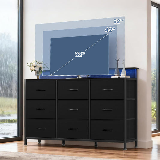 TV Stand Dresser with 9 Fabric Drawers & Open Shelves, Entertainment Center with LED Lights & Charging Station for Bedroom, Wood Top Media Console for 32-52 Inch TV Stand with Storage, Black