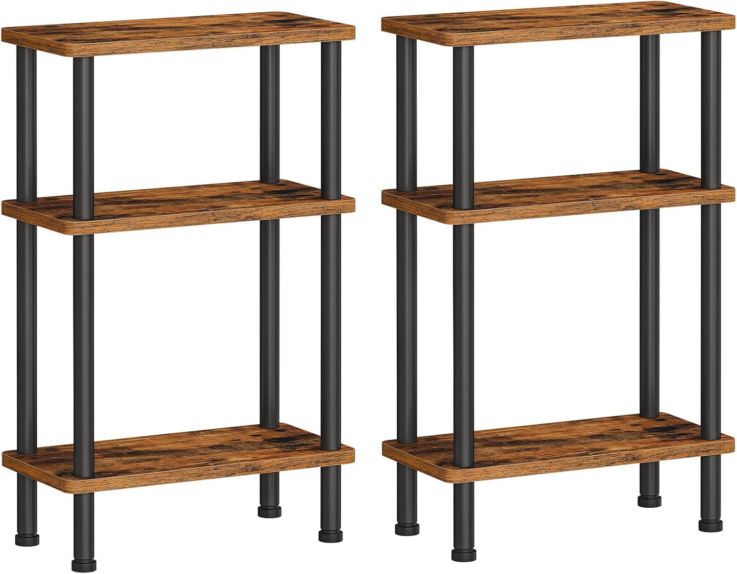 Narrow Side Table, 3-Tier Slim End Table No Tools Needed, Twist-On Assembly, Skinny Nightstand Sofa Storage Shelf for Living Room, Bedroom, Study, Rustic Brown and Black BF246BZP201