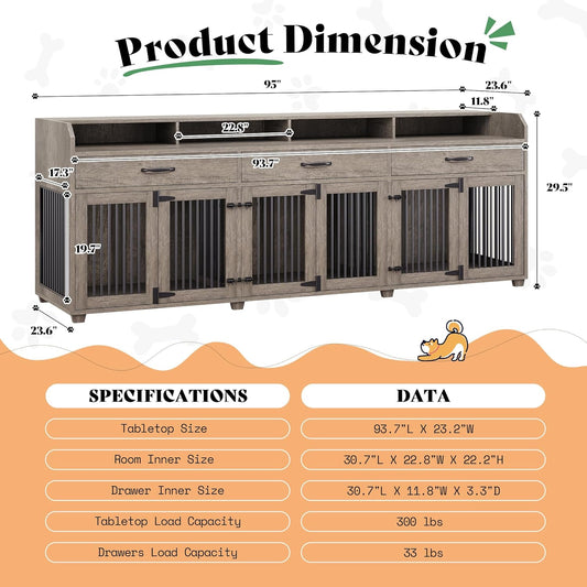 95" Large Dog Crate Furniture with Storage, 3-Room Indoor Wooden Dog Kennel for Large/Medium Dogs, TV Stand & Sideboard with Drawers & Removable Divider, Grey