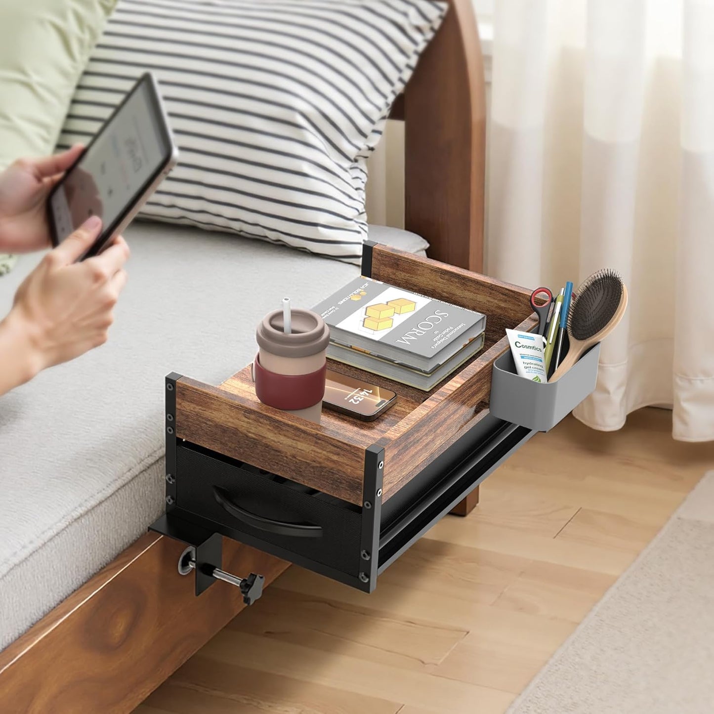 2 Tier Dorm Bed Shelf, Bedside Shelf for Dorm Top Bunk, Nightstand Bedside Table Tray with Fabric Drawer & Storage Box, Bunk Bed Shelf Bedside Tray with Cable Management for Dormitory